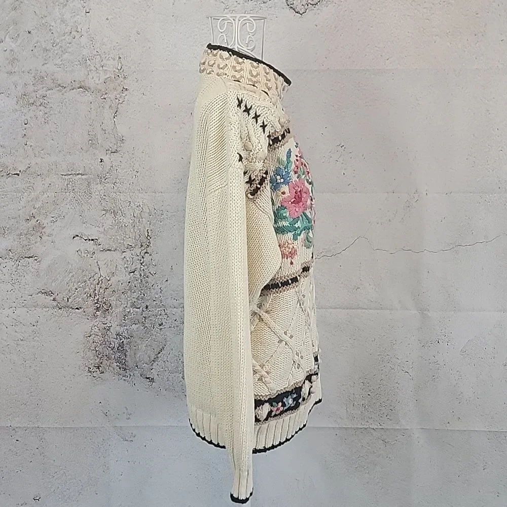 Beldoch Popper Vintage Floral Heart Heavy Knit Cream Sweater Womens Size M
